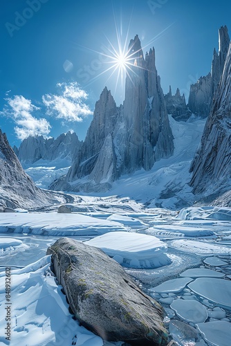 A jagged rock podium in a glacier field, with deep blue ice and bright sunlight reflecting off the surface photo