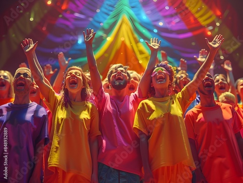 Vibrant LGBTQ Community Choir Performing on Illuminated Stage with Raised Hands
