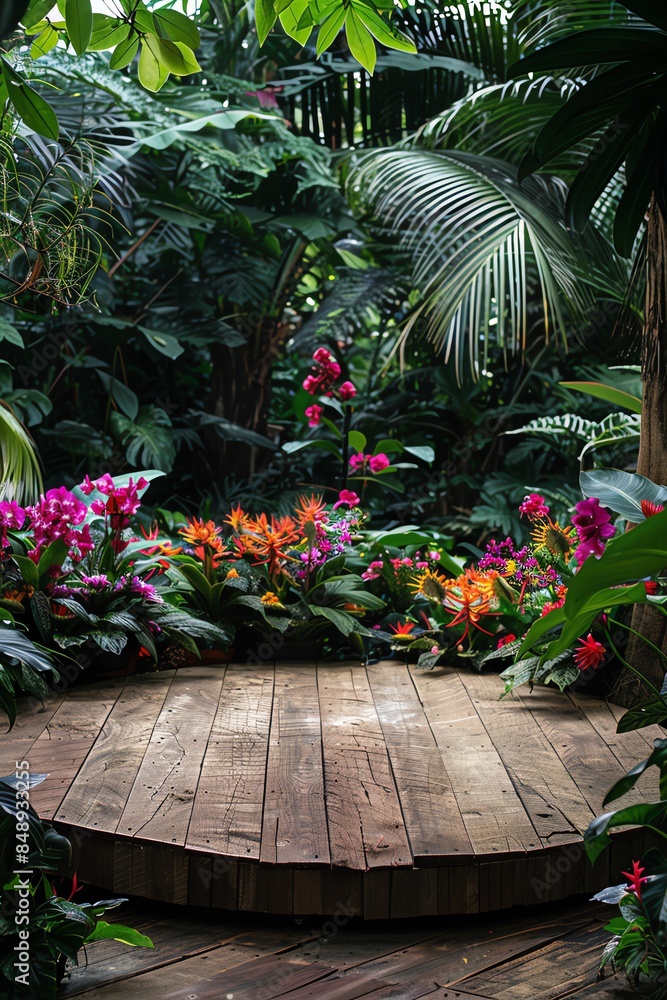 A rustic wooden podium set in a tropical garden, surrounded by orchids and bromeliads A rustic wooden podium set in a tropical garden, surrounded by orchids and bromeliads