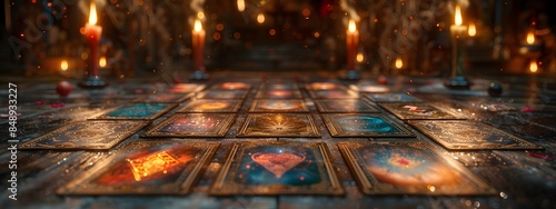 Mystical Gypsy Cards Arranged with Symbols of Occult and Mysticism