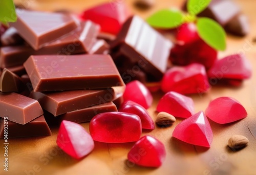 A close-up of ruby chocolate pieces on a wooden table with cocoa beans in the background © iqra