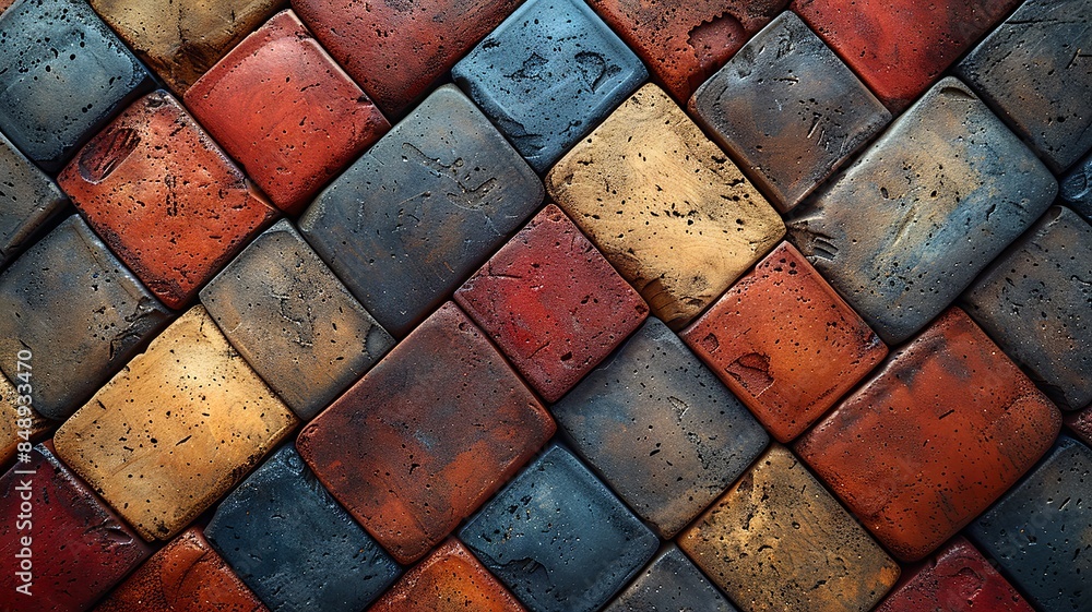 Organized array of bricks presents a geometric pattern, showcasing hues of red and tan Organized array of bricks presents a geometric pattern, showcasing hues of red and tan