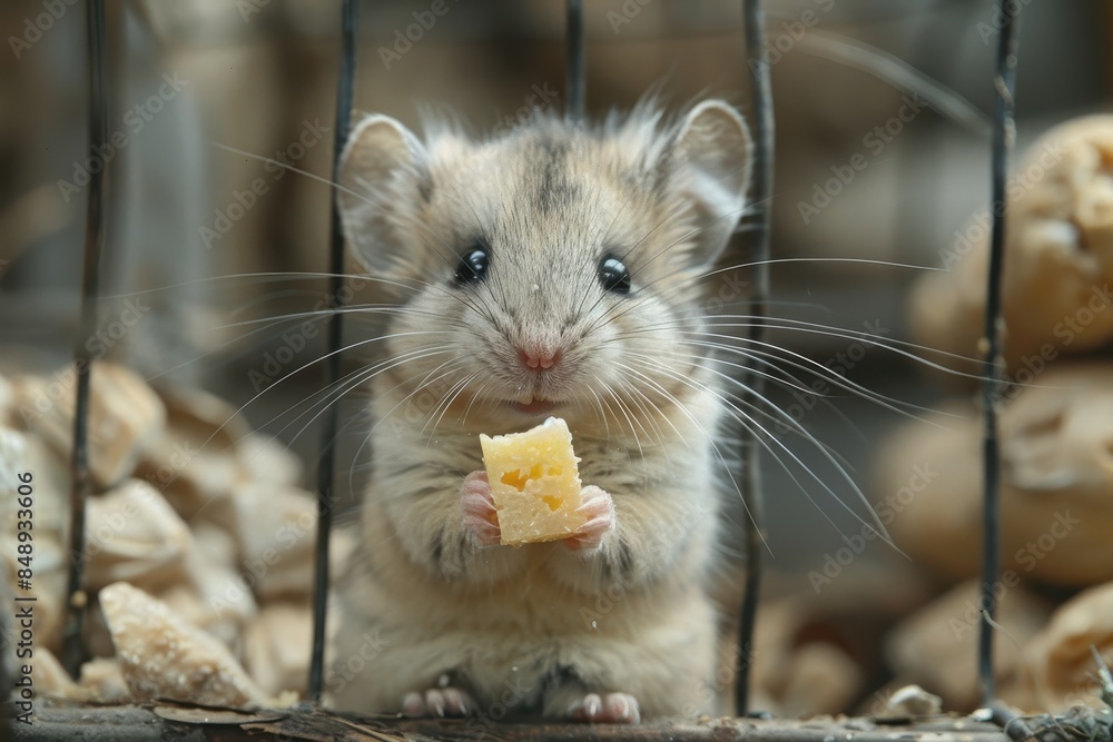 Baby Hamster: A tiny baby hamster, holding a small piece of food in its paws, sitting in a cage. Baby Hamster: A tiny baby hamster, holding a small piece of food in its paws, sitting in a cage.