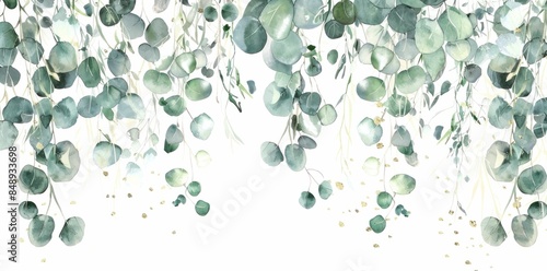 Watercolor illustration of eucalyptus leaves hanging from the branches of a tree in a lush botanical garden landscape