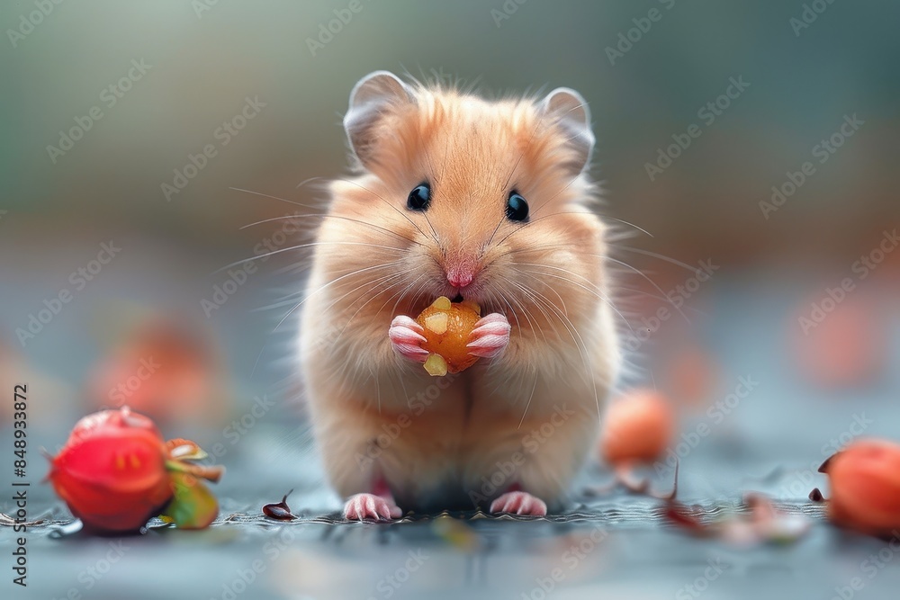 Baby Hamster: A tiny baby hamster, holding a small piece of food in its paws, sitting in a cage. Baby Hamster: A tiny baby hamster, holding a small piece of food in its paws, sitting in a cage.