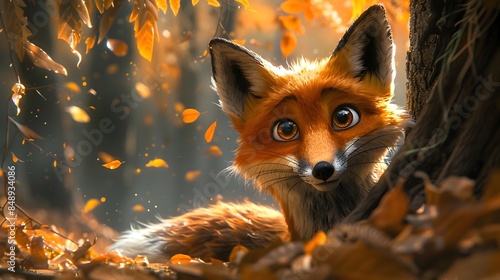 Curious red fox with a bushy tail and bright eyes peeking out from behind a tree in an enchanting autumn forest The fox is partially hidden