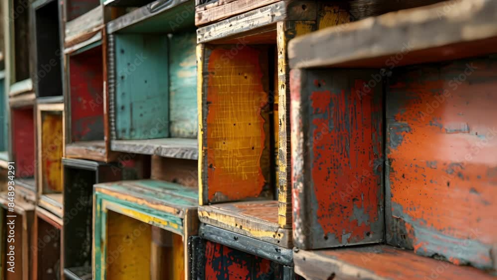 A striking Bookshelf formed from old doors now functioning as shelves with a distressed finish. A striking Bookshelf formed from old doors now functioning as shelves with a distressed finish.