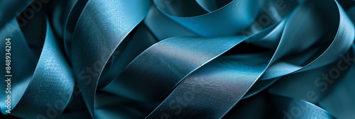 A closeup of blue ribbon with intricate curves and folds, set against a dark background, creating an abstract composition that suggests depth and movement. The focus is on the texture , 3:1 photo