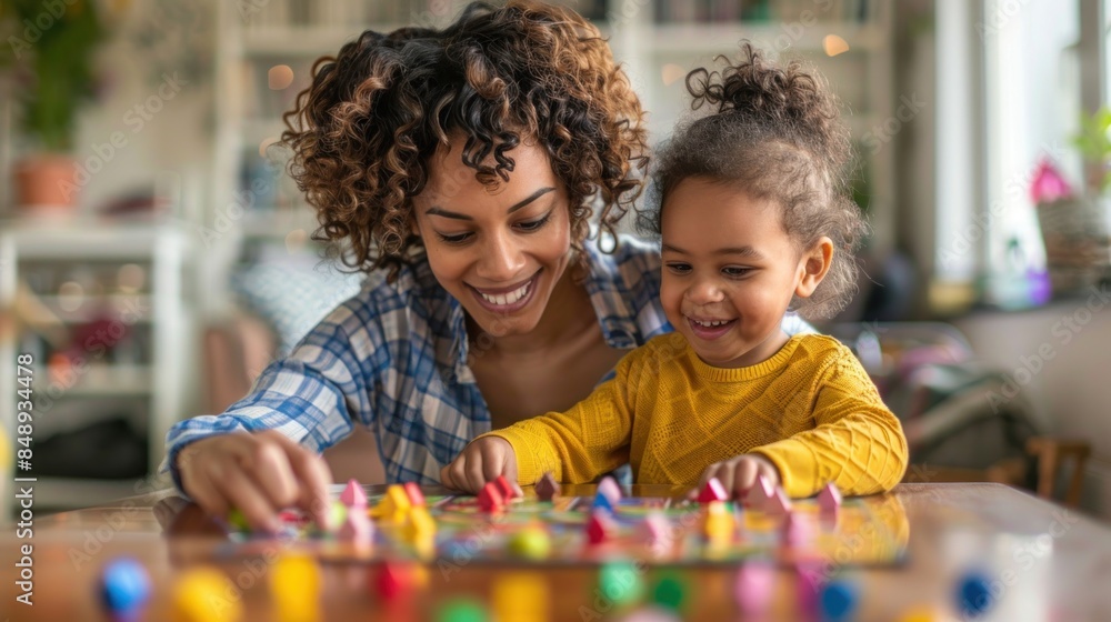 A mother and her child playing a board game together on Mother's Day They are seated at the dining table with the game pieces spread out in front of them A mother and her child playing a board game together on Mother's Day They are seated at the dining table with the game pieces spread out in front of them
