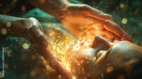 A practitioner performs energy healing, surrounded by a soft, glowing energy field, their hands gently hovering above a recipient's body.