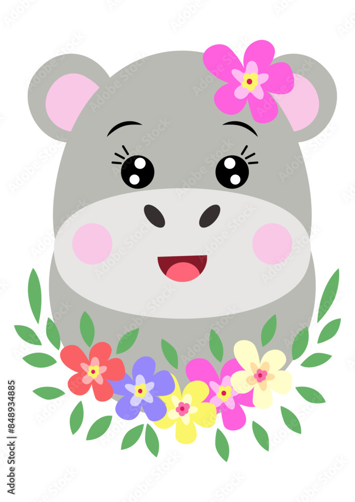 Cute hippo with wreath floral on head Cute hippo with wreath floral on head