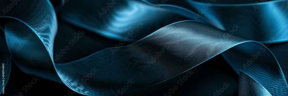 Fototapeta premium A closeup of blue ribbon with intricate curves and folds, set against a dark background, creating an abstract composition that suggests depth and movement. The focus is on the texture , 3:1