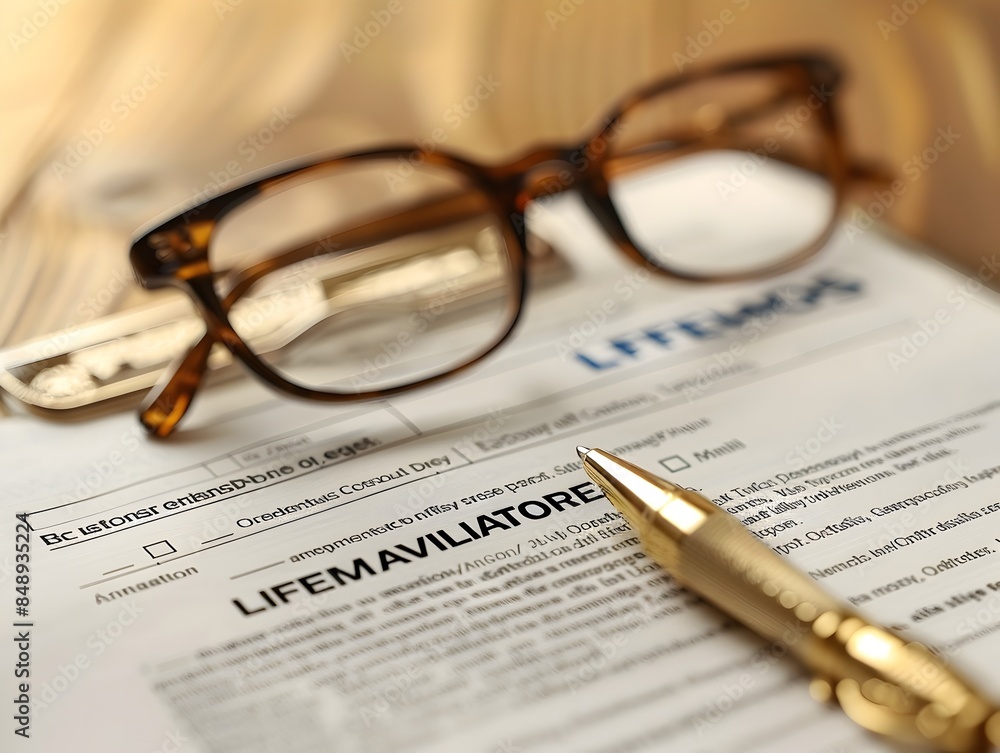 Life Insurance Policy Document with Glasses and Pen on Table Life Insurance Policy Document with Glasses and Pen on Table