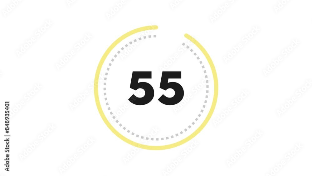 60 seconds (1 minute) dashed (dotted) circle countdown. Soft Yellow and Grey on White background. Big circle with inner dashed (dotted) line countdown timer. Stylish simple design. 4K Motion Graphics 60 seconds (1 minute) dashed (dotted) circle countdown. Soft Yellow and Grey on White background. Big circle with inner dashed (dotted) line countdown timer. Stylish simple design. 4K Motion Graphics