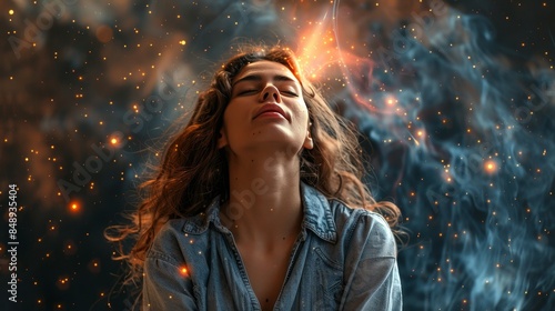 A woman sits with her eyes closed, appearing to be in deep concentration as she attempts to move an object with her mind, showcasing telekinesis. photo
