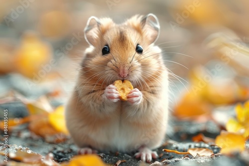 Baby Hamster: A tiny baby hamster, holding a small piece of food in its paws, sitting in a cage. 