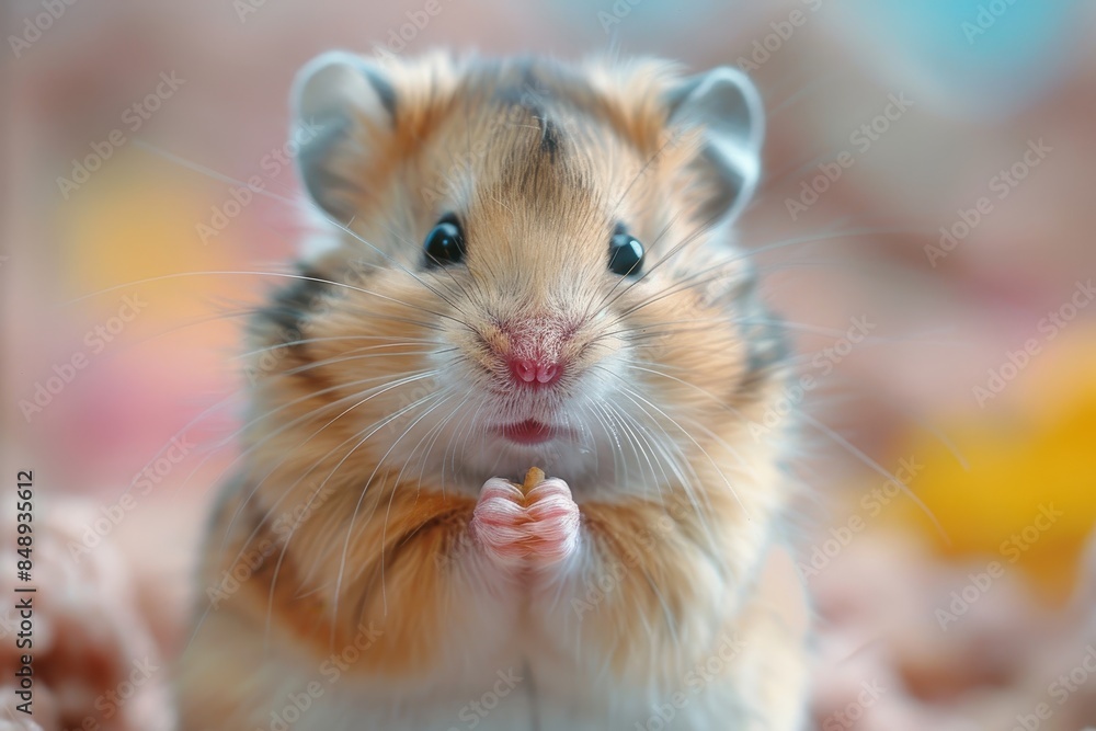 Baby Hamster: A tiny baby hamster, holding a small piece of food in its paws, sitting in a cage. Baby Hamster: A tiny baby hamster, holding a small piece of food in its paws, sitting in a cage.