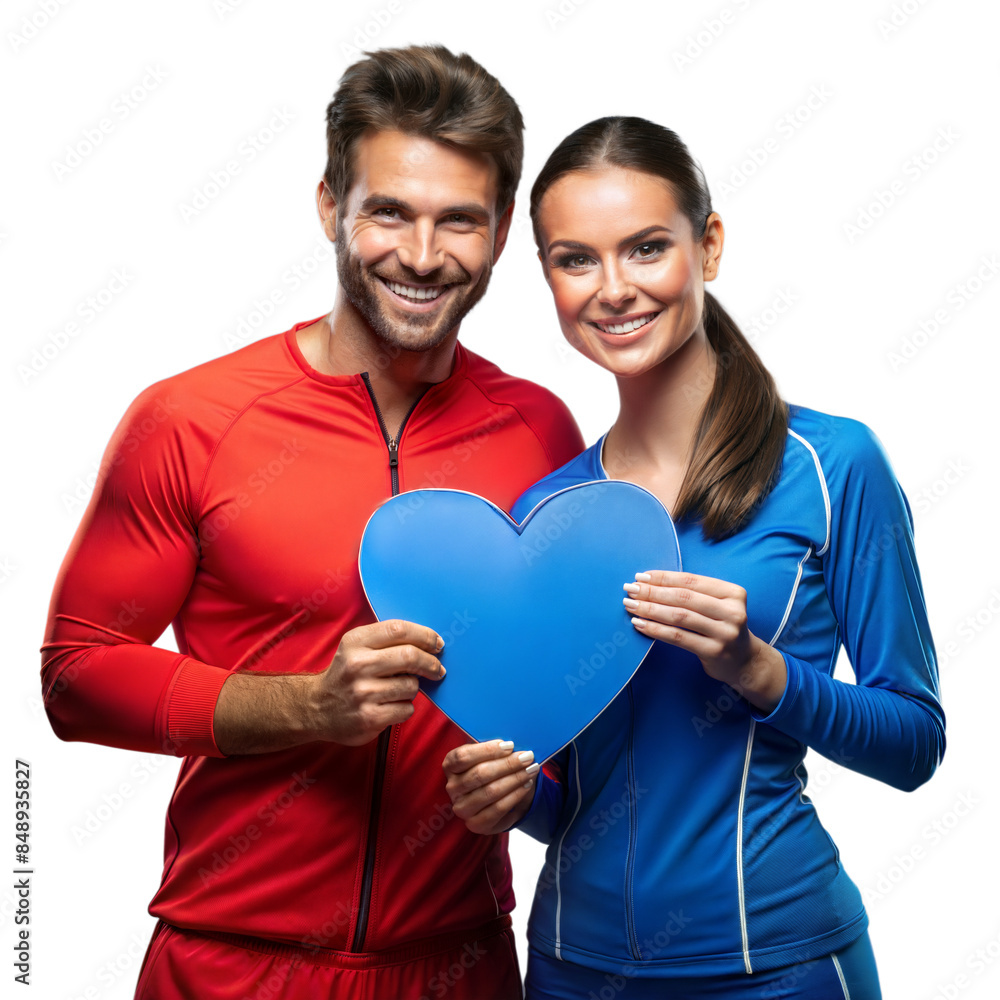 Smiling couple holding a heart symbol on transparent background Smiling couple holding a heart symbol on transparent background
