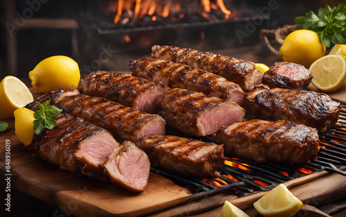 Cypriot souvla, large pieces of grilled meat, lemon photo