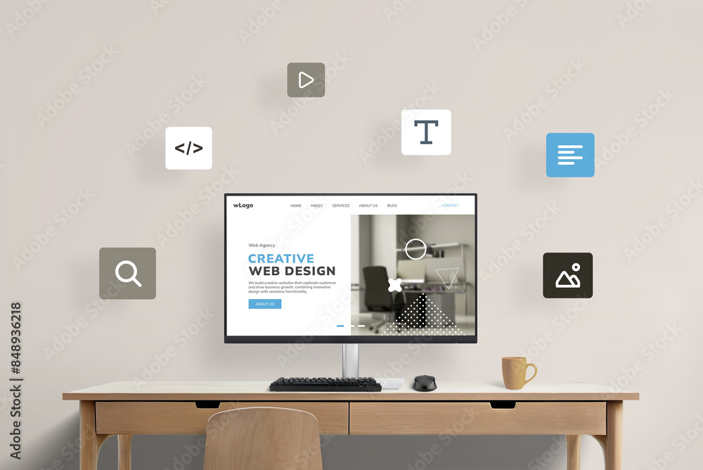 © Stanisic Vladimir - Work desk with computer display featuring web design studio presentation page, surrounded by flying web design icons. Visual representation of a creative digital workspace concept © Stanisic Vladimir - Work desk with computer display featuring web design studio presentation page, surrounded by flying web design icons. Visual representation of a creative digital workspace concept