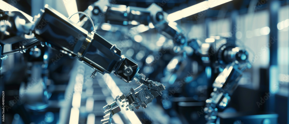 Fototapeta premium Robotic arms intricately assemble electronic components in a high-tech, futuristic factory with a blue-hued atmosphere.
