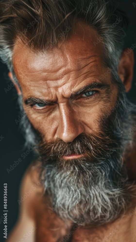 Intense Gaze: Portrait of a Bearded Mature Man with Piercing Eyes Intense Gaze: Portrait of a Bearded Mature Man with Piercing Eyes