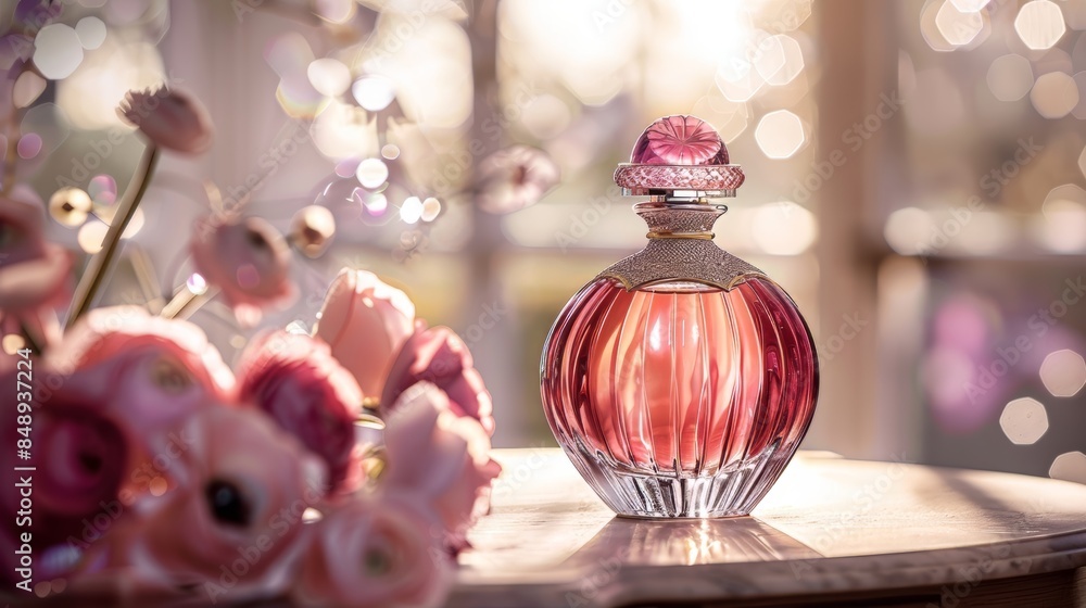 Perfume Bottle on Table With Pink Flowers Perfume Bottle on Table With Pink Flowers