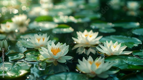 Tranquil Water Lilies in a Serene Pond at Dusk with Soft Light and Green Hues