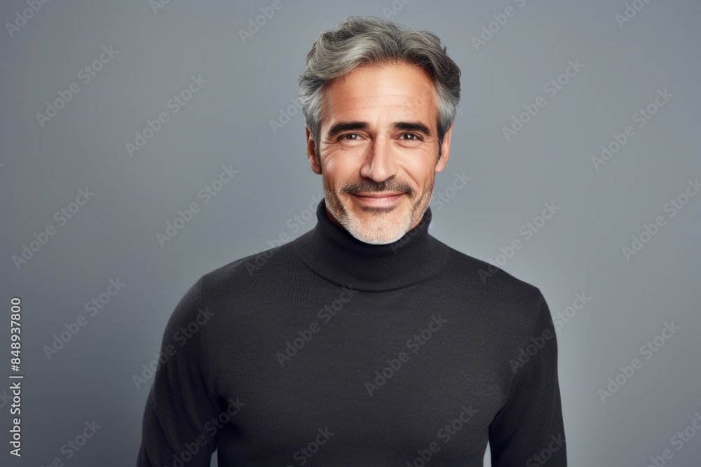 Portrait of a satisfied man in his 50s wearing a classic turtleneck sweater isolated in minimalist or empty room background Portrait of a satisfied man in his 50s wearing a classic turtleneck sweater isolated in minimalist or empty room background