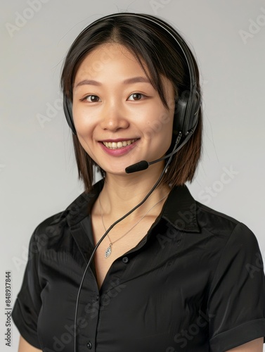 Portrait of a Chinese female customer service representative with a headset, dressed in a black shirt, showcasing a warm and approachable demeanor, under soft natural lighting, captured from the waist