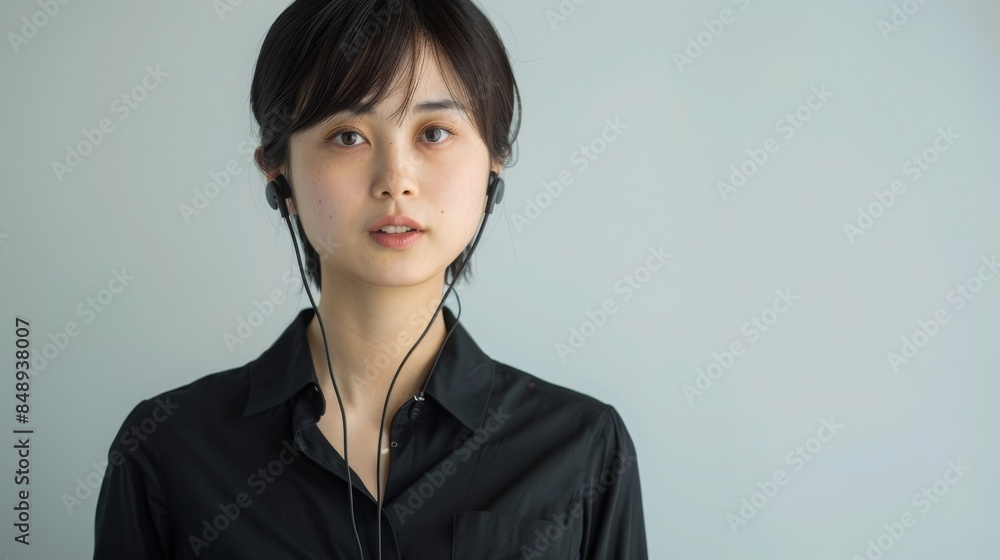 Portrait of a Chinese female customer service representative with a headset, dressed in a black shirt, showcasing a warm and approachable demeanor, under soft natural lighting, captured from the waist Portrait of a Chinese female customer service representative with a headset, dressed in a black shirt, showcasing a warm and approachable demeanor, under soft natural lighting, captured from the waist