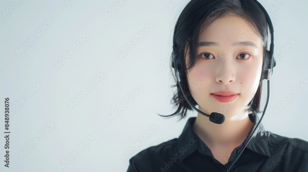 Portrait of a Chinese female customer service representative with a headset, dressed in a black shirt, showcasing a warm and approachable demeanor, under soft natural lighting, captured from the waist Portrait of a Chinese female customer service representative with a headset, dressed in a black shirt, showcasing a warm and approachable demeanor, under soft natural lighting, captured from the waist