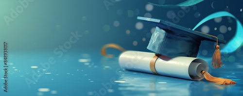 Blue Graduation Cap and Diploma on a Blue Background
