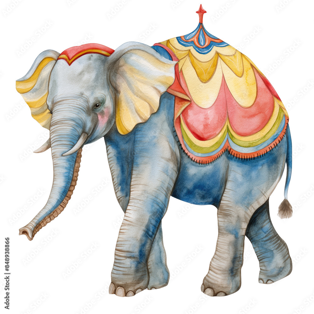 Obraz premium Watercolor Painted Elephant in Traditional Circus Costume Isolated 