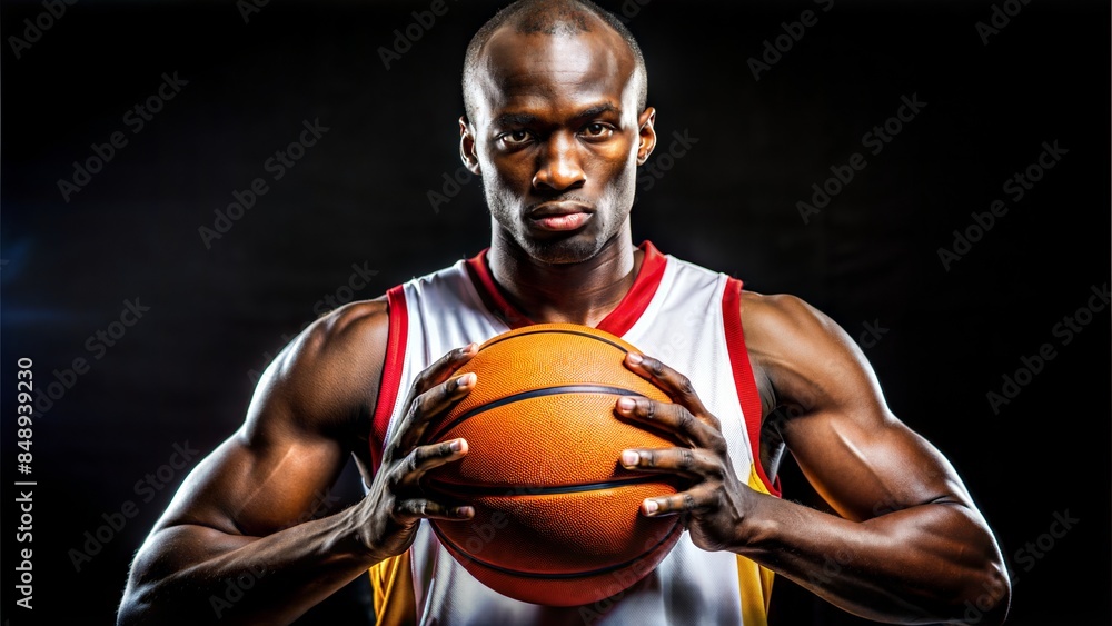 African American Basketball Player Holding Ball. Portrait of a strong, muscular African American male basketball player holding an orange basketball. African American Basketball Player Holding Ball. Portrait of a strong, muscular African American male basketball player holding an orange basketball.