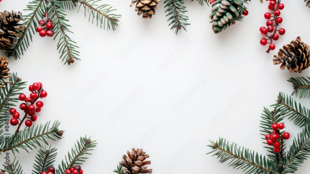 Christmas background with pine branches, red berries and cones on a white table top view. Christmas card concept design with space for copy. Christmas background with pine branches, red berries and cones on a white table top view. Christmas card concept design with space for copy.