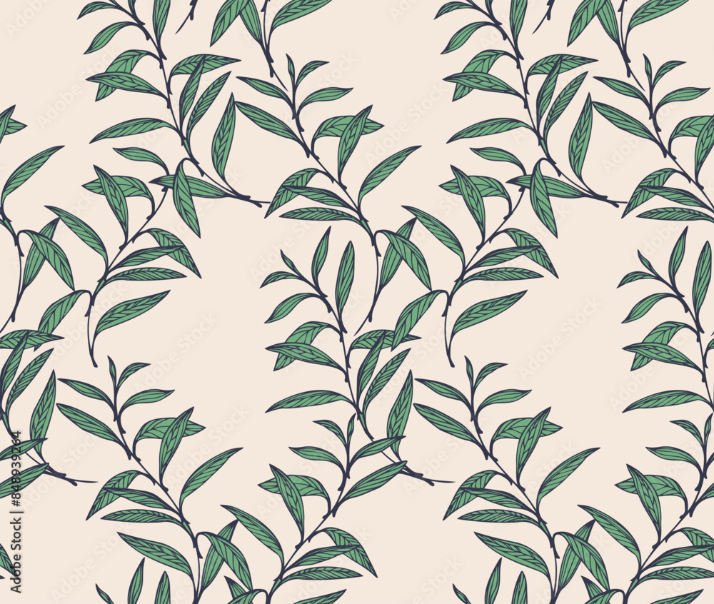 Seamless intertwined green branches leaves pattern on a light beige background. Vector hand drawing. Artistic, abstract floral stems printing. Template for designs, textiles, fashion, fabric Seamless intertwined green branches leaves pattern on a light beige background. Vector hand drawing. Artistic, abstract floral stems printing. Template for designs, textiles, fashion, fabric