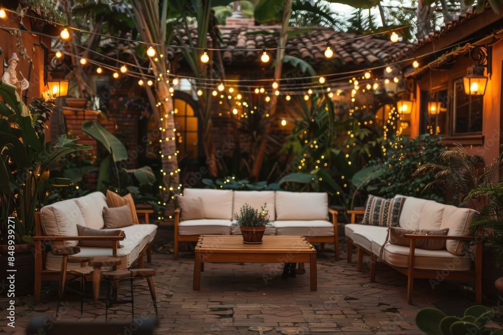 Fototapeta premium Cozy backyard seating area with comfortable sofas, a coffee table, and string lights. AI.
