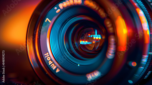 Video camera lens lit by blue and orange color light