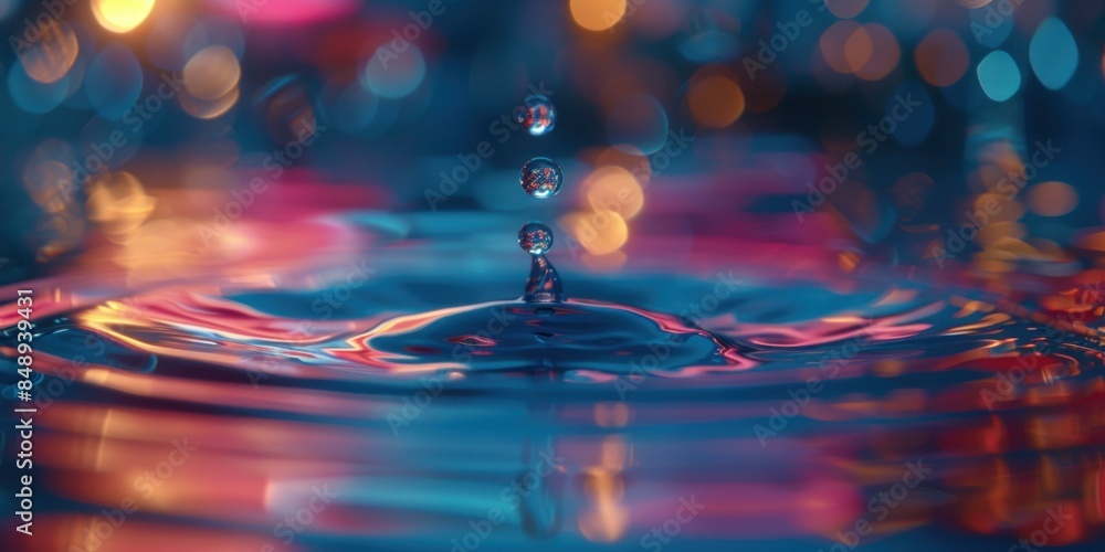Water droplets suspended in mid-air against a colorful background. AI. Water droplets suspended in mid-air against a colorful background. AI.