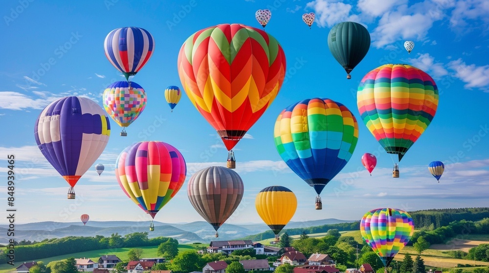 Fototapeta premium Vibrant Hot Air Balloons Soaring Over Quaint Village Against Clear Blue Sky with White Clouds - Stunning Aerial View in Stock Photo