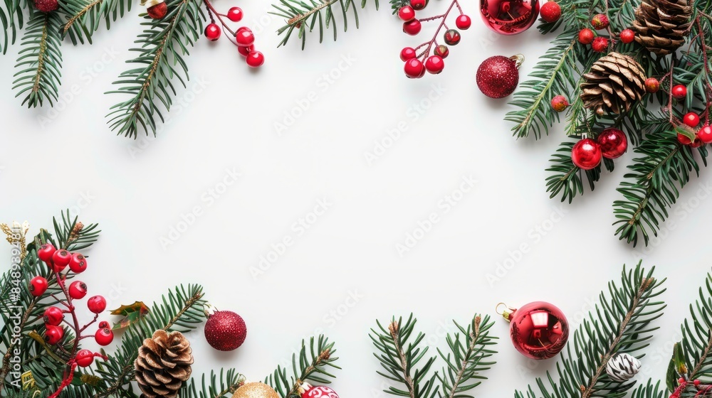 Christmas background with pine branches, red berries and cones on a white table top view. Christmas card concept design with space for copy. Christmas background with pine branches, red berries and cones on a white table top view. Christmas card concept design with space for copy.