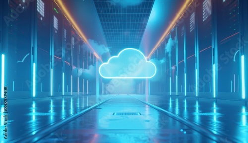 Futuristic illustration of a glowing blue cloud inside a server room. AI.