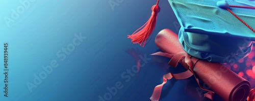Blue Graduation Cap and Diploma on a Blue Background