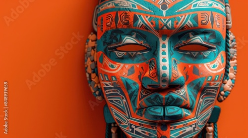 Ancient ritual mask flat design top view tribal background animation complementary color scheme