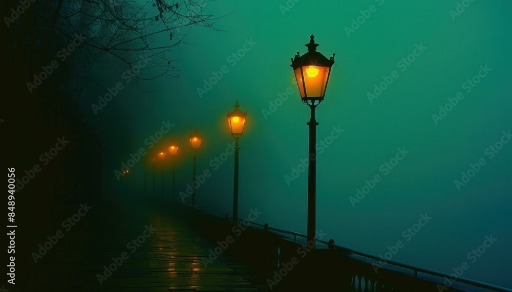 A row of street lamps along a misty pier at night. AI. A row of street lamps along a misty pier at night. AI.