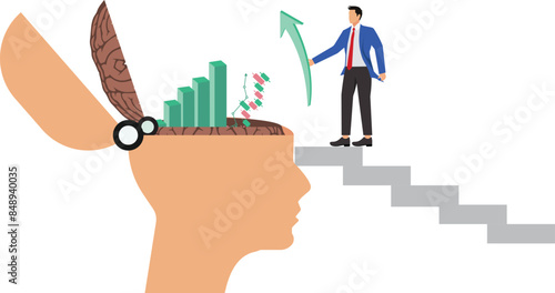 Data scientist, research information or data analysis, intelligence info or knowledge to analyze report, big data or genius concept, businessman put graph diagram report on human head brain