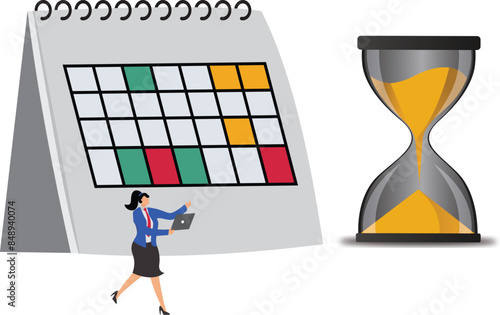 Calendar deadline to finish work, time countdown to launch date, reminder or planner, organize work or project management concept, businesswoman work computer laptop on sandglass and calendar date