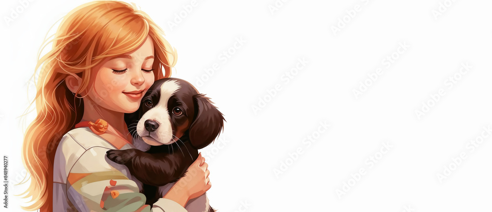 A beautiful little girl hugs a puppy, a pet. illustration. artificial intelligence generator, AI, neural network image. background for the design. A beautiful little girl hugs a puppy, a pet. illustration. artificial intelligence generator, AI, neural network image. background for the design.