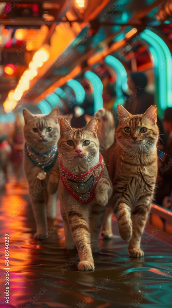 Obraz premium Three cats in bejeweled collars strut confidently down a runway of glowing lights. AI.